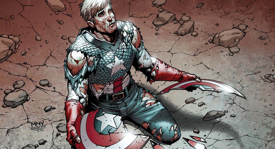 Steve Rogers as Captain America, bloodied, kneeling beside his broken shield in Fear Itself art