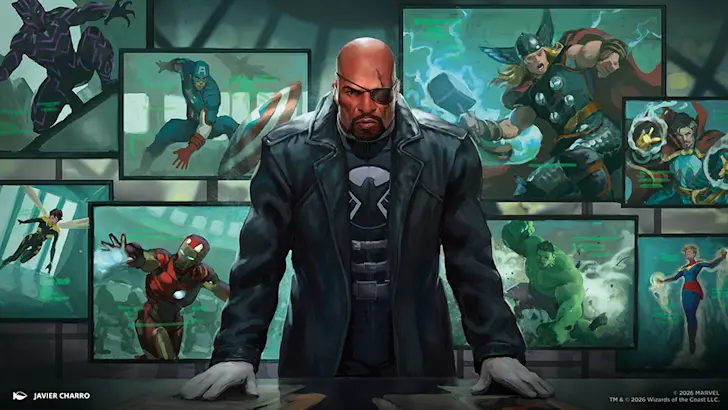 Nick Fury at a command table surrounded by screens of heroes, Marvel art