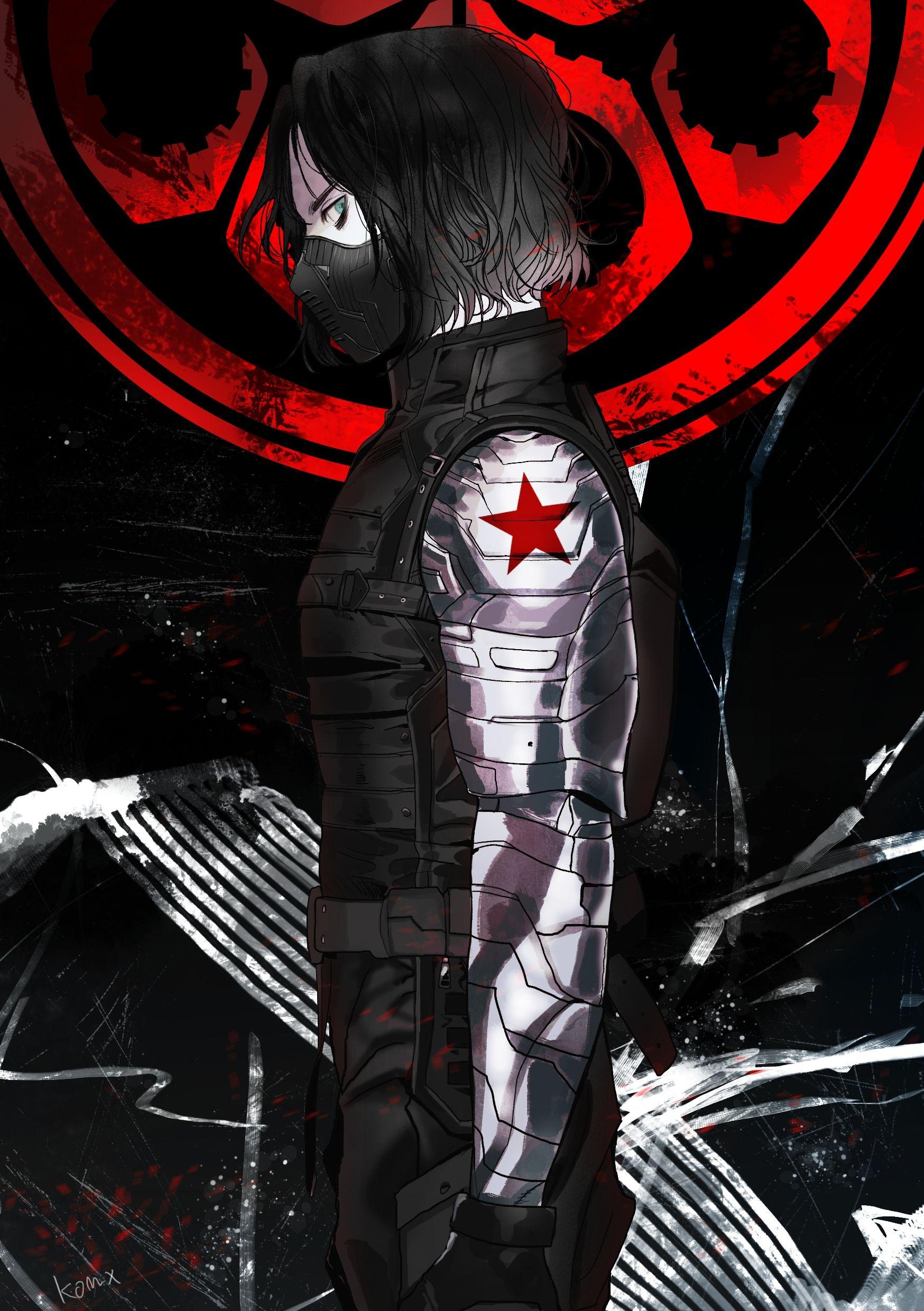 The Winter Soldier in profile with his silver bionic arm bearing a red star clearly shown, masked, against a red HYDRA emblem