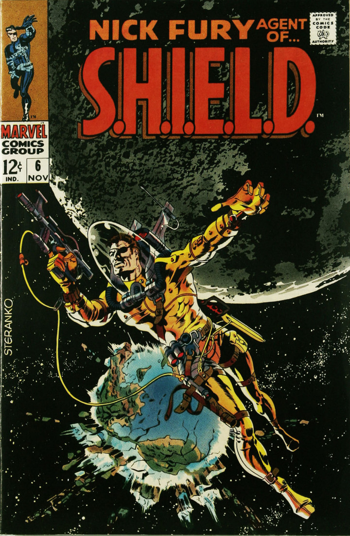 Steranko cover of Nick Fury, Agent of S.H.I.E.L.D. #6 showing Fury in a spacesuit floating above Earth with the Moon behind him