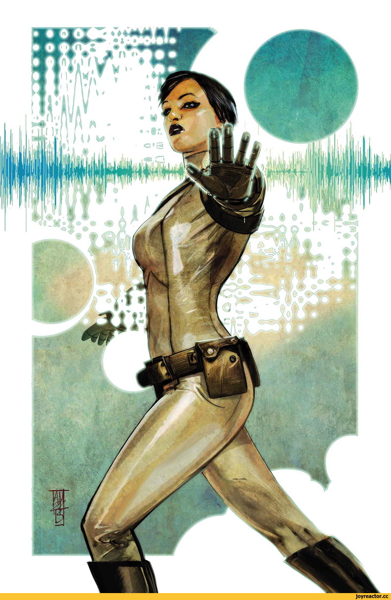 Daisy Johnson, Quake, in comic art with short dark hair, gauntlet raised, a vibration waveform running behind her