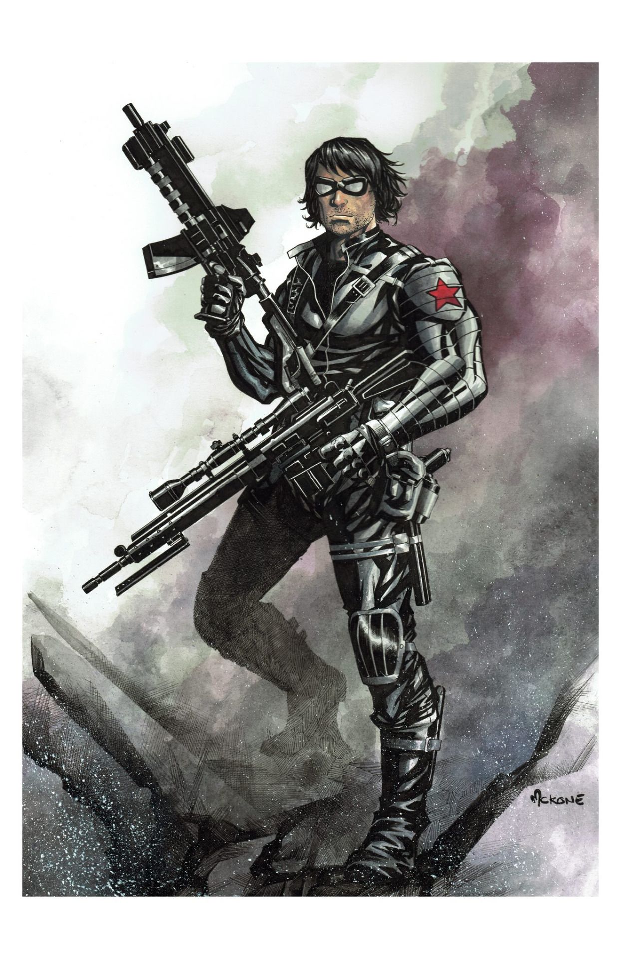Winter Soldier holding rifles comic art