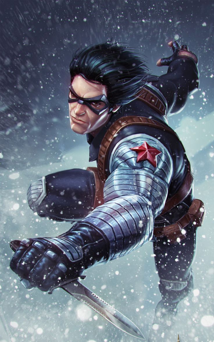 Winter Soldier lunging through snow comic art