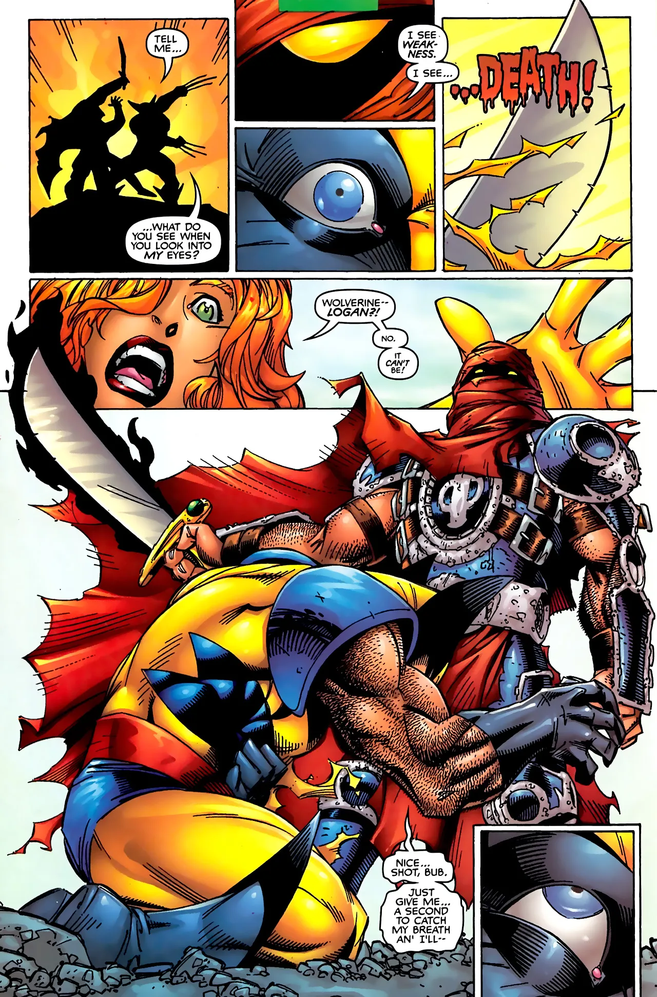 Death in his red-hooded armor with a sword standing over a fallen Wolverine as witnesses gasp 'Wolverine-- Logan?!'