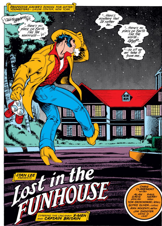 Splash page of 'Lost in the Funhouse': a drunk Wolverine in a yellow coat staggering home to the X-Mansion at night, singing