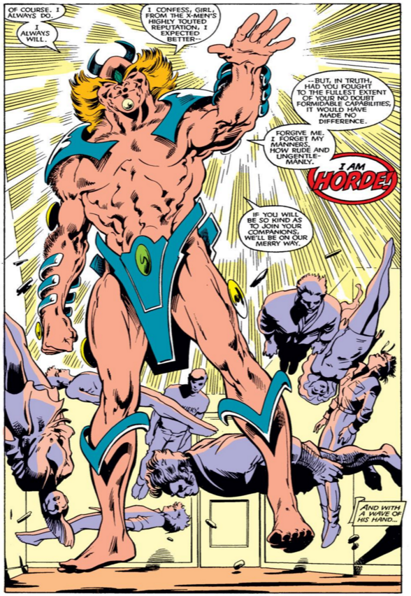 Comic panel of Horde standing triumphant over the fallen X-Men, announcing 'I AM HORDE!'