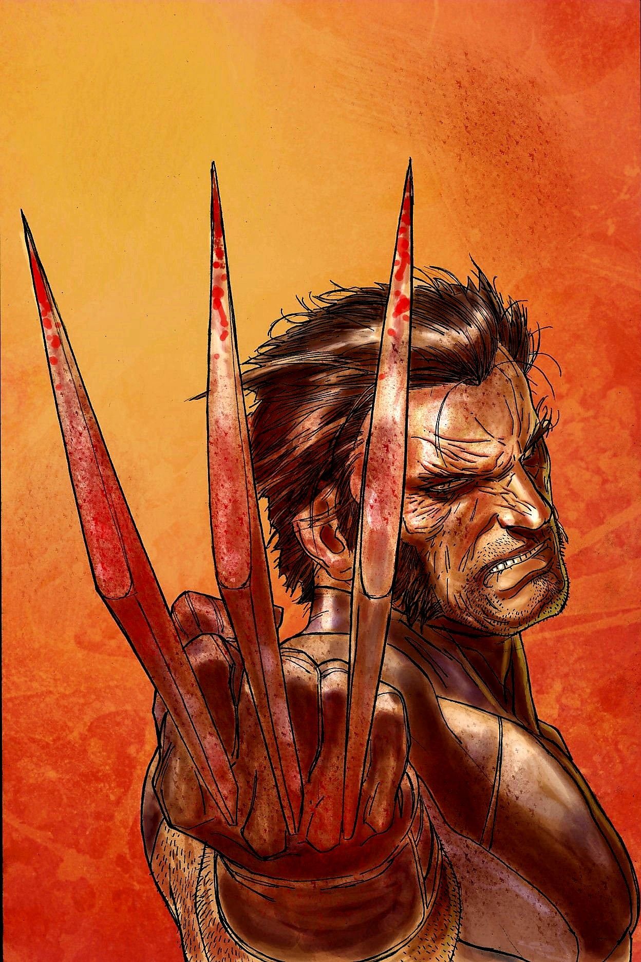 Wolverine with claws extended, comic art