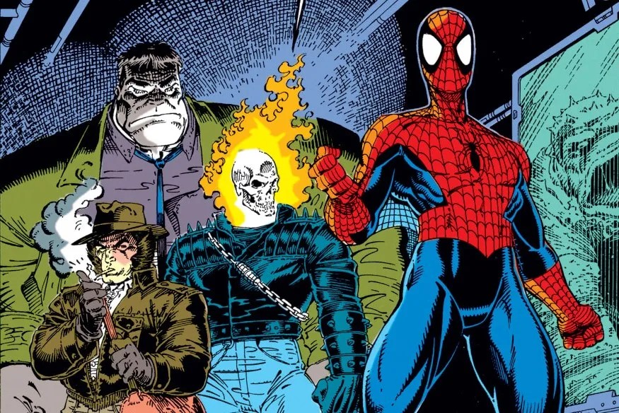 Wolverine alongside the grey Hulk, Ghost Rider and Spider-Man