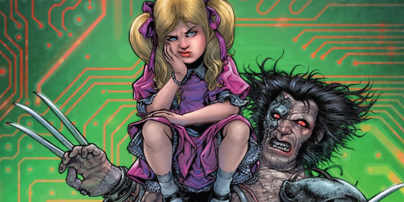 Albert the robot Wolverine with metal face plate, red eyes and three claws extended, carrying Elsie-Dee