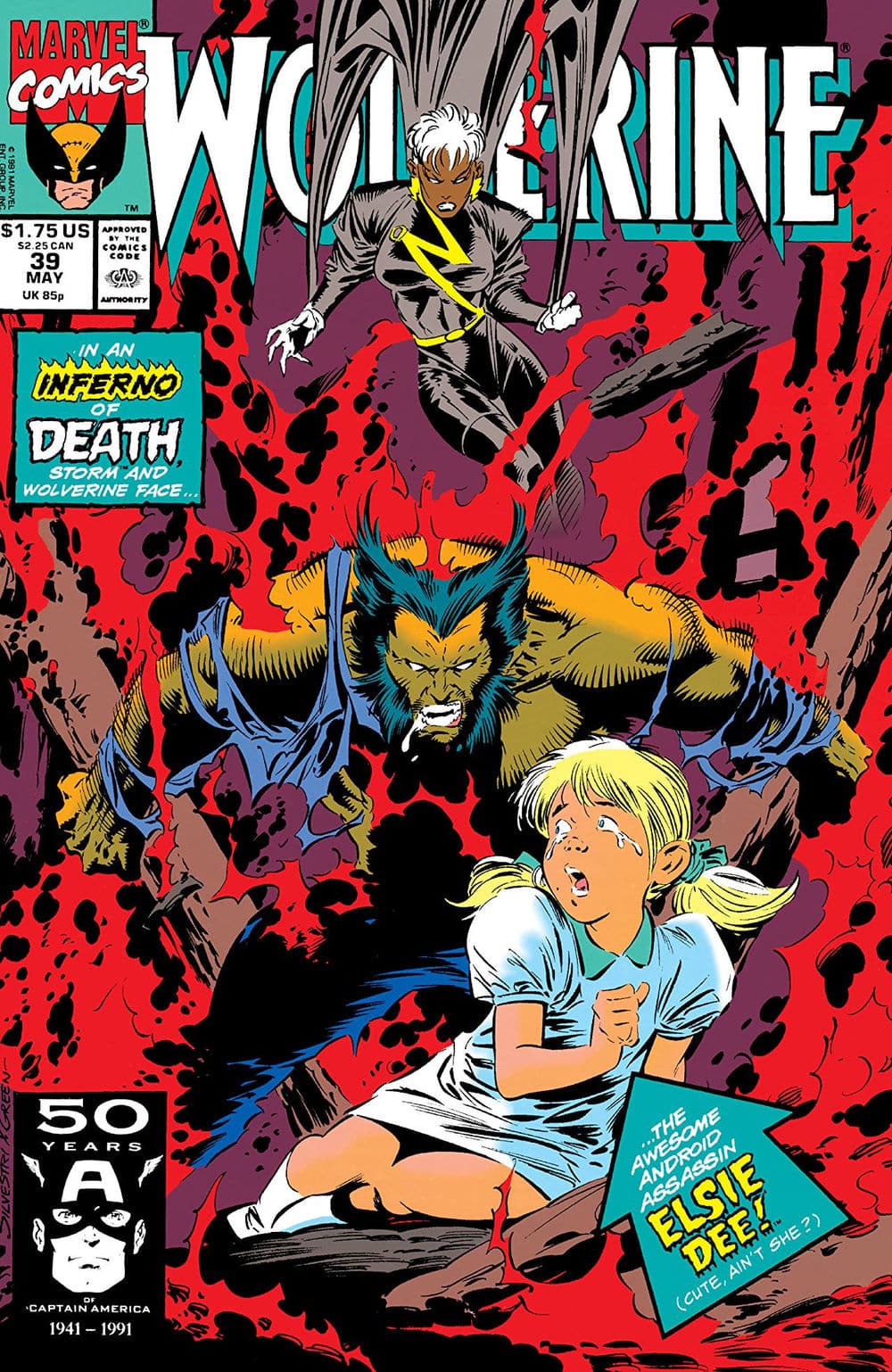 Wolverine Vol. 2 number 39 cover with Wolverine, Storm and Elsie-Dee amid flames