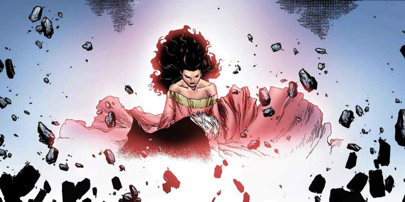 The Scarlet Witch in a pink gown amid floating rubble and red energy, Quicksilver at her feet, House of M era art