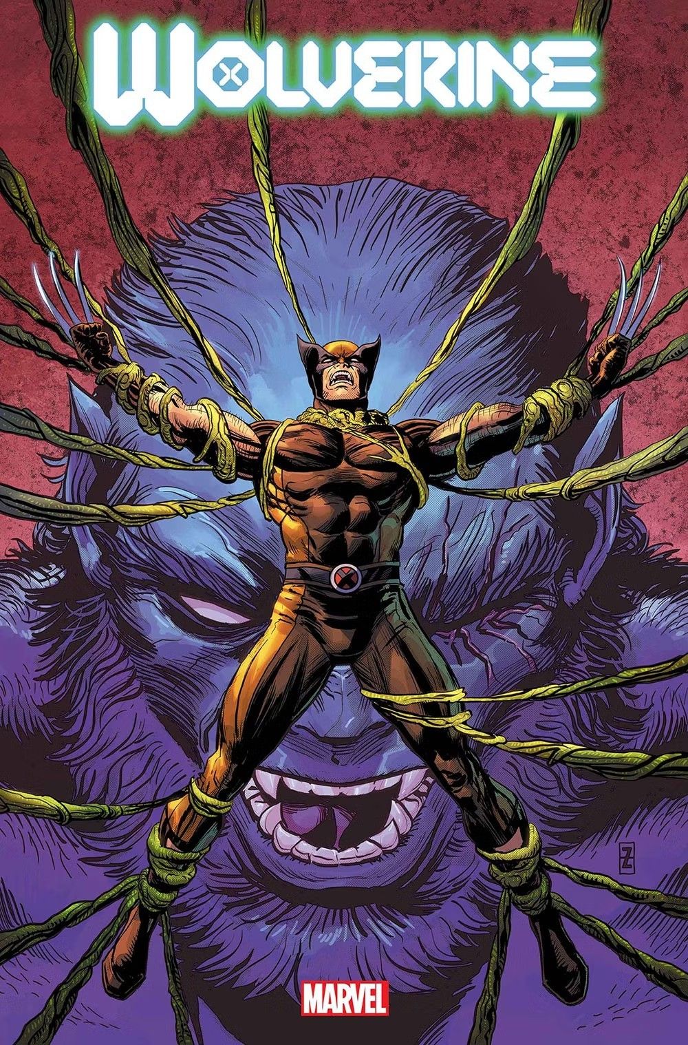 Wolverine comic cover showing Logan bound in vines with claws extended from both fists, a huge purple beast face behind him