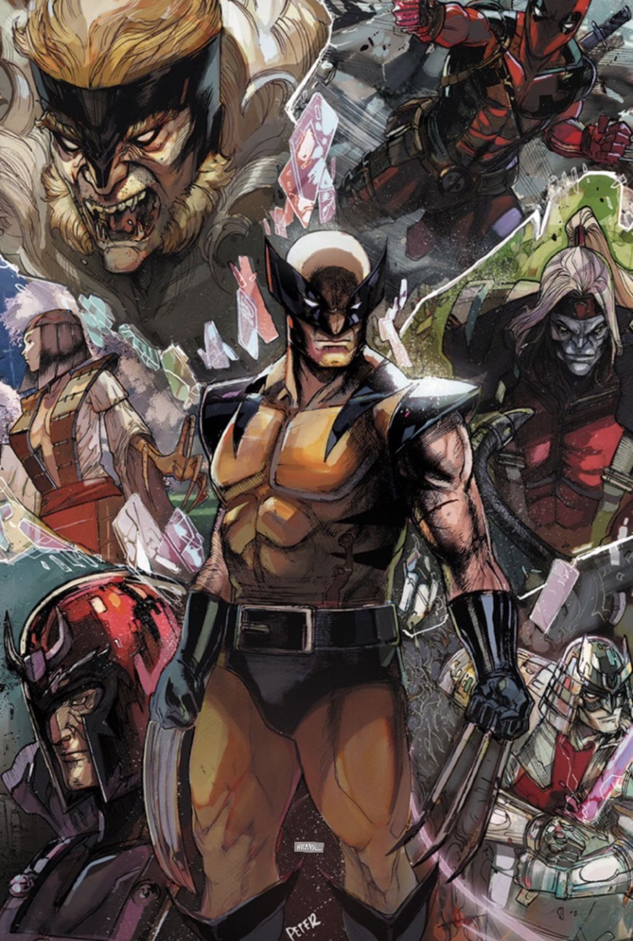 Montage art of Wolverine at centre surrounded by figures from his past including Sabretooth, Magneto, Deadpool and Daken among shattered fragments